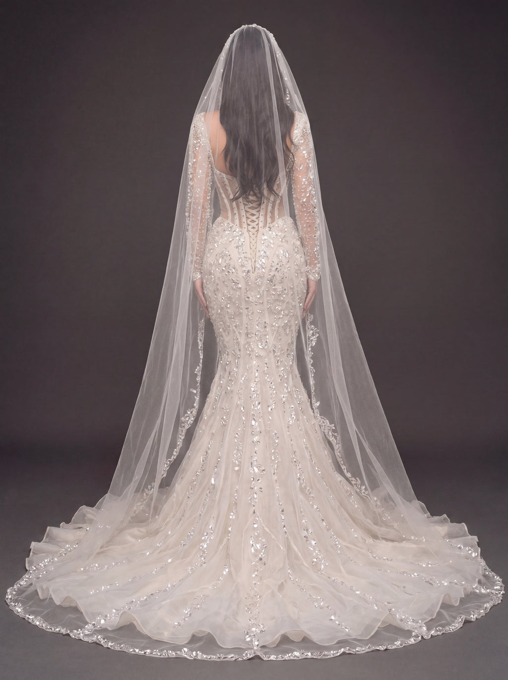 Sheer Sweetheart Bridal Dress with Long Sleeves & Cathedral Veil – Ivory Crystal Embellished Corset Mermaid Wedding Gown