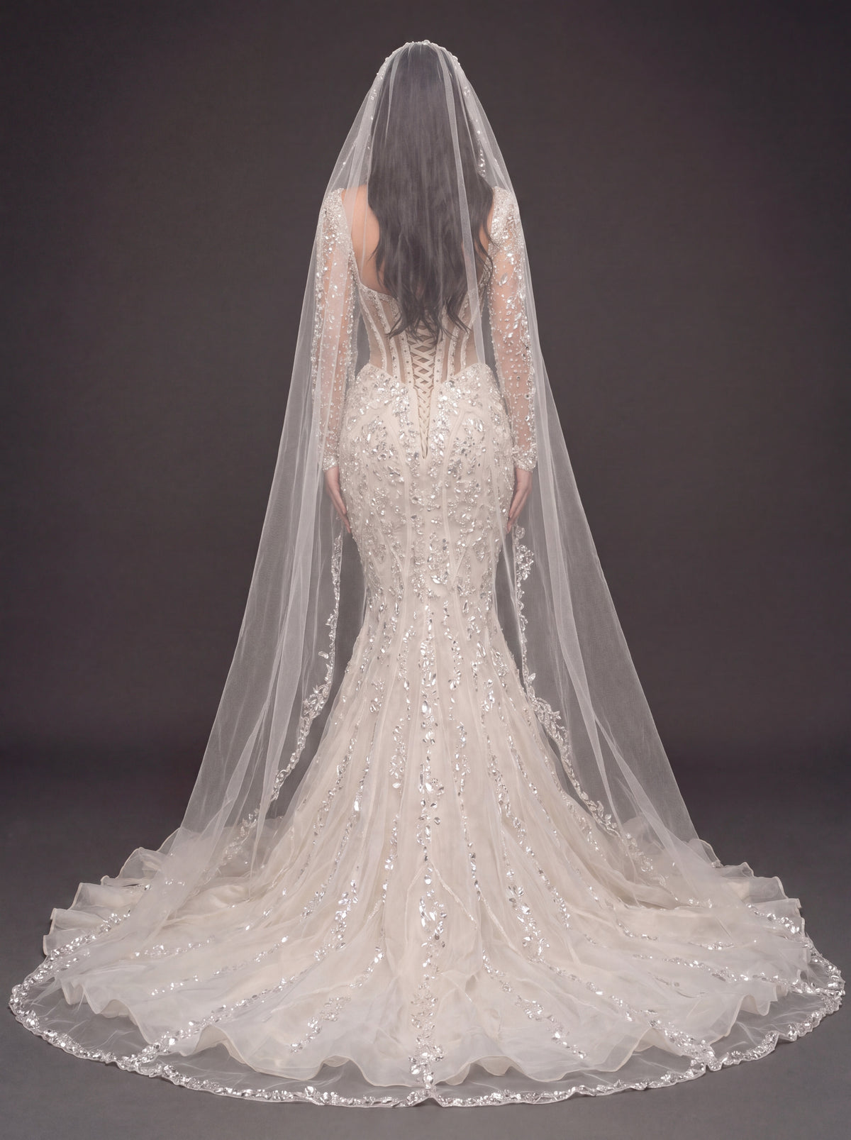 Sheer Sweetheart Bridal Dress with Long Sleeves & Cathedral Veil – Ivory Crystal Embellished Corset Mermaid Wedding Gown