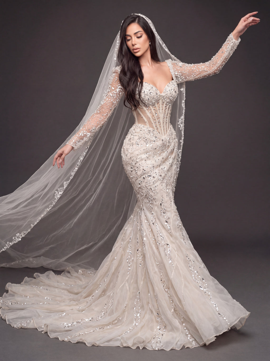 Sheer Sweetheart Bridal Dress with Long Sleeves & Cathedral Veil – Ivory Crystal Embellished Corset Mermaid Wedding Gown