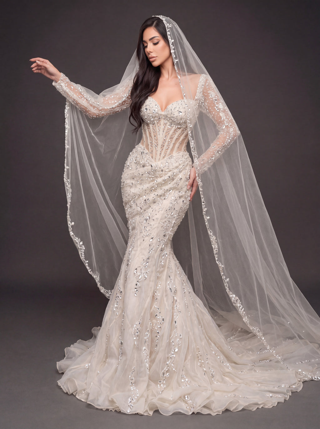 Sheer Sweetheart Bridal Dress with Long Sleeves & Cathedral Veil – Ivory Crystal Embellished Corset Mermaid Wedding Gown
