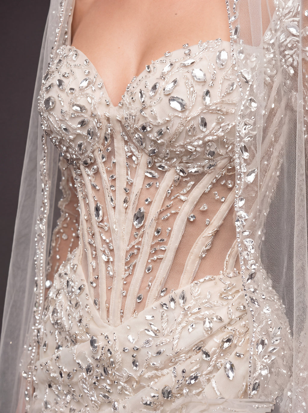Sheer Sweetheart Bridal Dress with Long Sleeves & Cathedral Veil – Ivory Crystal Embellished Corset Mermaid Wedding Gown