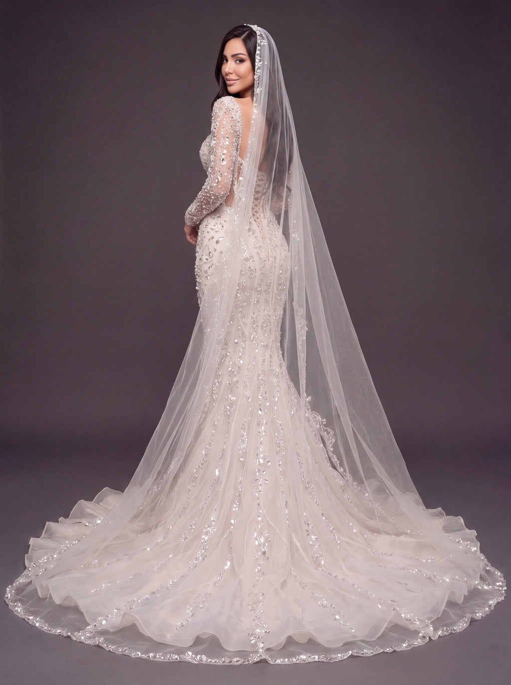 Sheer Sweetheart Bridal Dress with Long Sleeves & Cathedral Veil – Ivory Crystal Embellished Corset Mermaid Wedding Gown