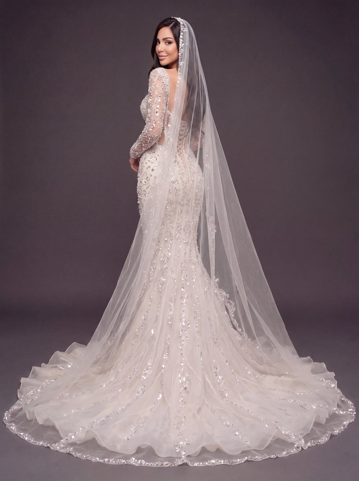 Sheer Sweetheart Bridal Dress with Long Sleeves & Cathedral Veil – Ivory Crystal Embellished Corset Mermaid Wedding Gown