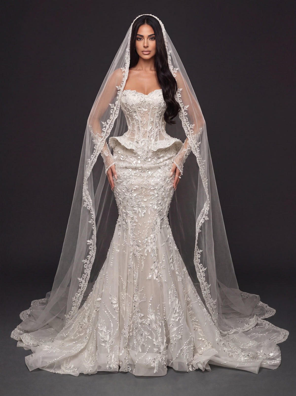 Sheer Corset Bridal Dress with Basque Peplum & Cathedral Veil – Ivory Pearl & Crystal Embellished Mermaid Wedding Gown