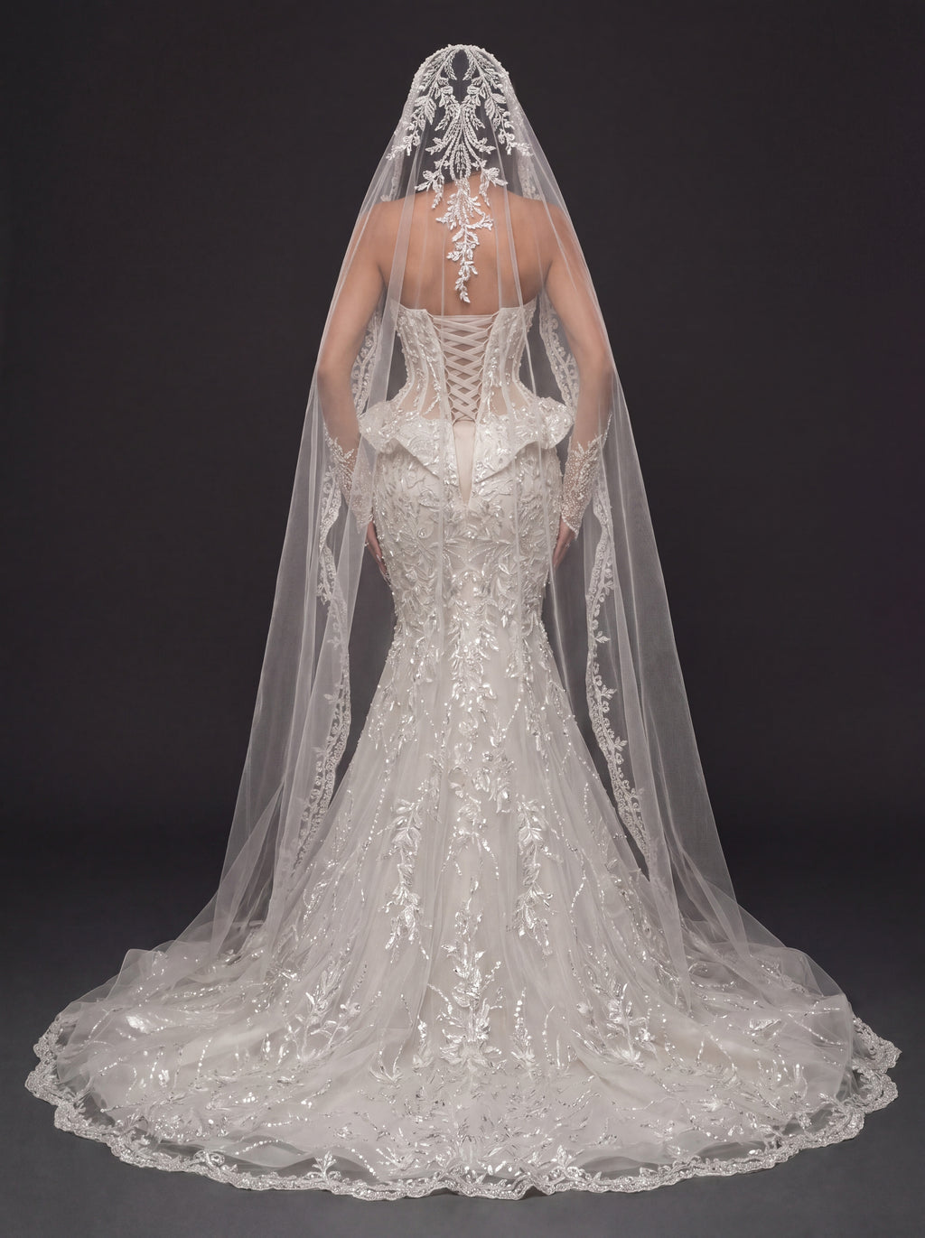 Sheer Corset Bridal Dress with Basque Peplum & Cathedral Veil – Ivory Pearl & Crystal Embellished Mermaid Wedding Gown