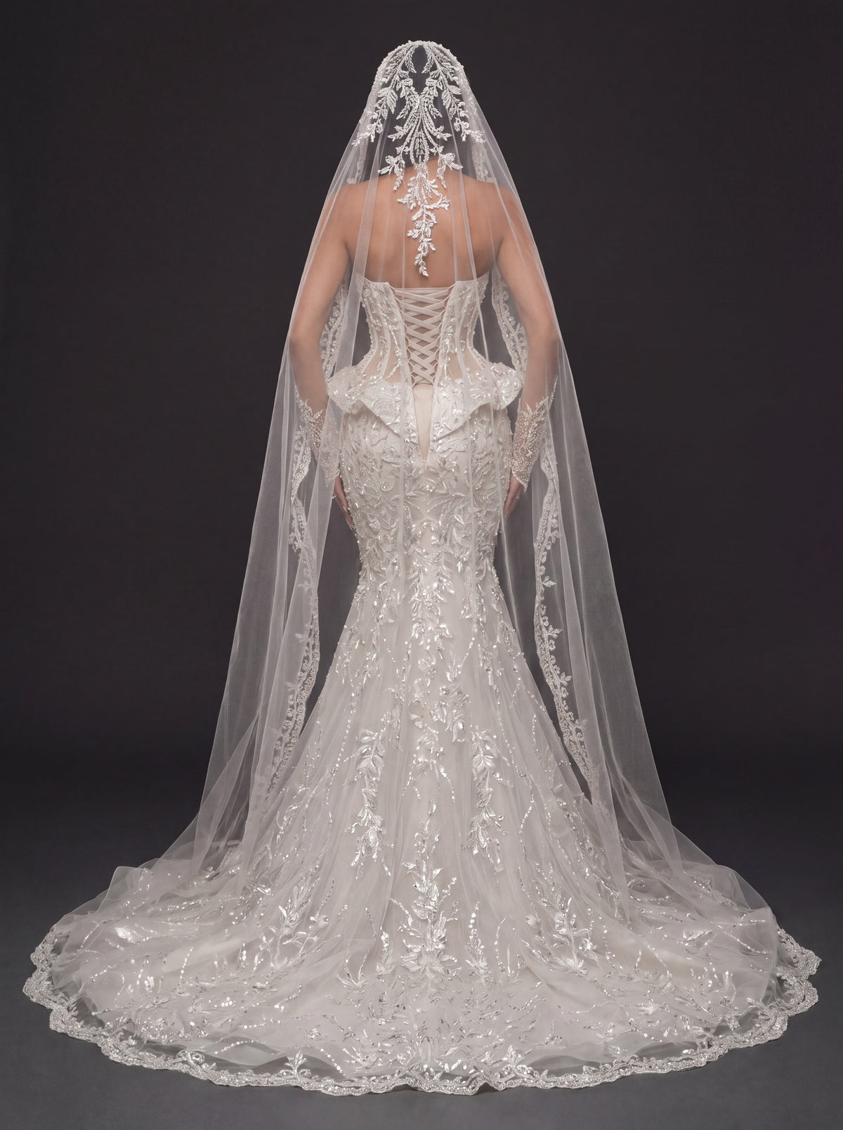 Sheer Corset Bridal Dress with Basque Peplum & Cathedral Veil – Ivory Pearl & Crystal Embellished Mermaid Wedding Gown