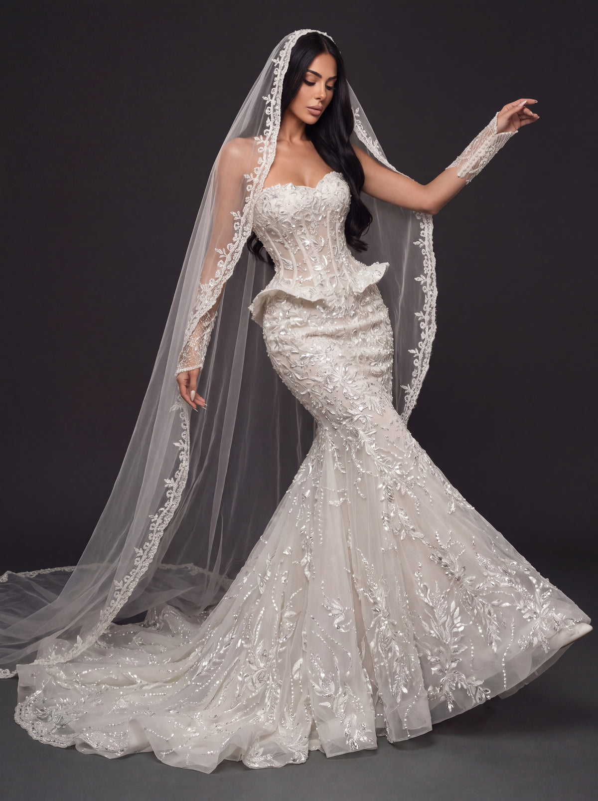 Sheer Corset Bridal Dress with Basque Peplum & Cathedral Veil – Ivory Pearl & Crystal Embellished Mermaid Wedding Gown