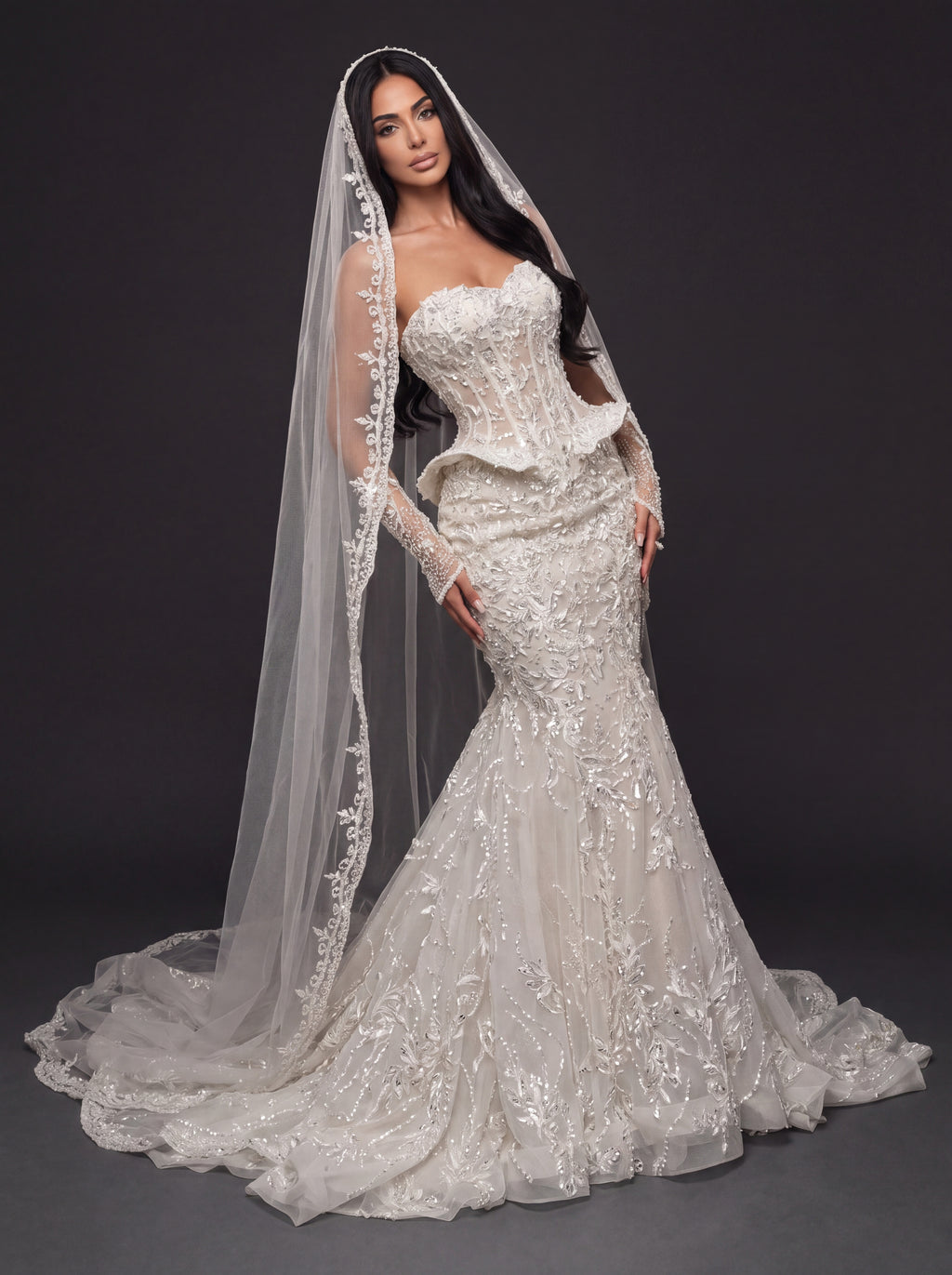 Sheer Corset Bridal Dress with Basque Peplum & Cathedral Veil – Ivory Pearl & Crystal Embellished Mermaid Wedding Gown