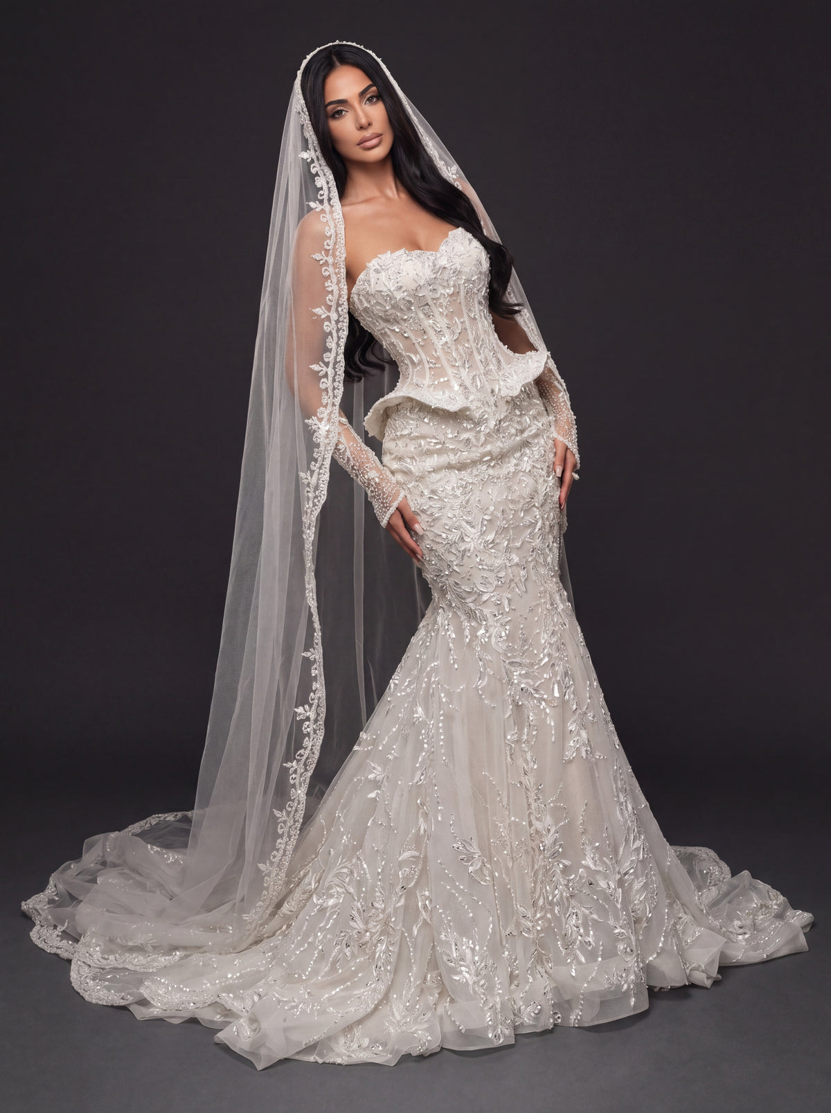 Sheer Corset Bridal Dress with Basque Peplum & Cathedral Veil – Ivory Pearl & Crystal Embellished Mermaid Wedding Gown