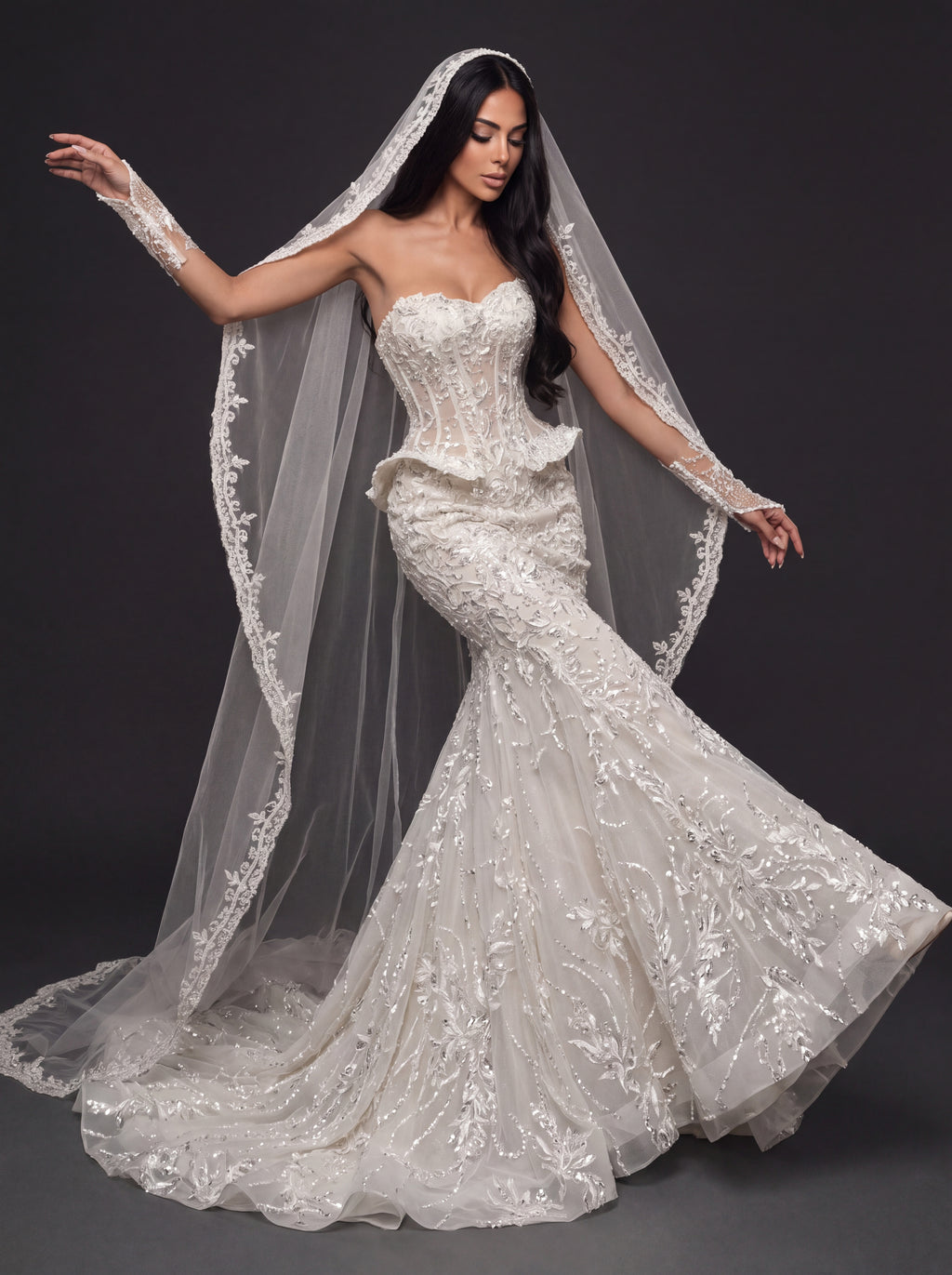 Sheer Corset Bridal Dress with Basque Peplum & Cathedral Veil – Ivory Pearl & Crystal Embellished Mermaid Wedding Gown