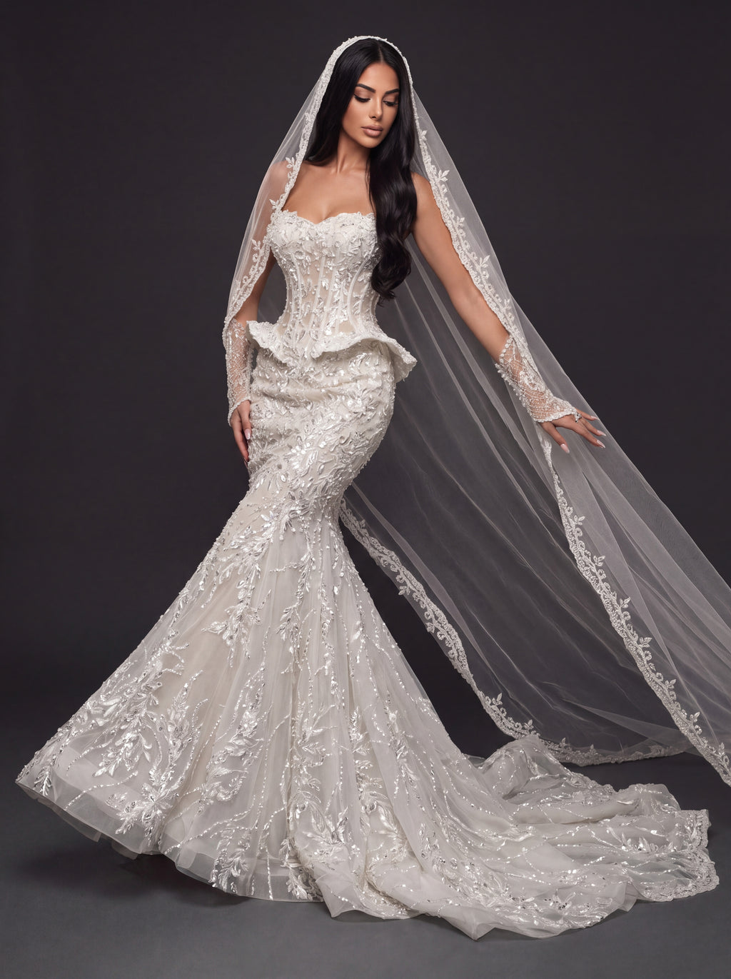 Sheer Corset Bridal Dress with Basque Peplum & Cathedral Veil – Ivory Pearl & Crystal Embellished Mermaid Wedding Gown