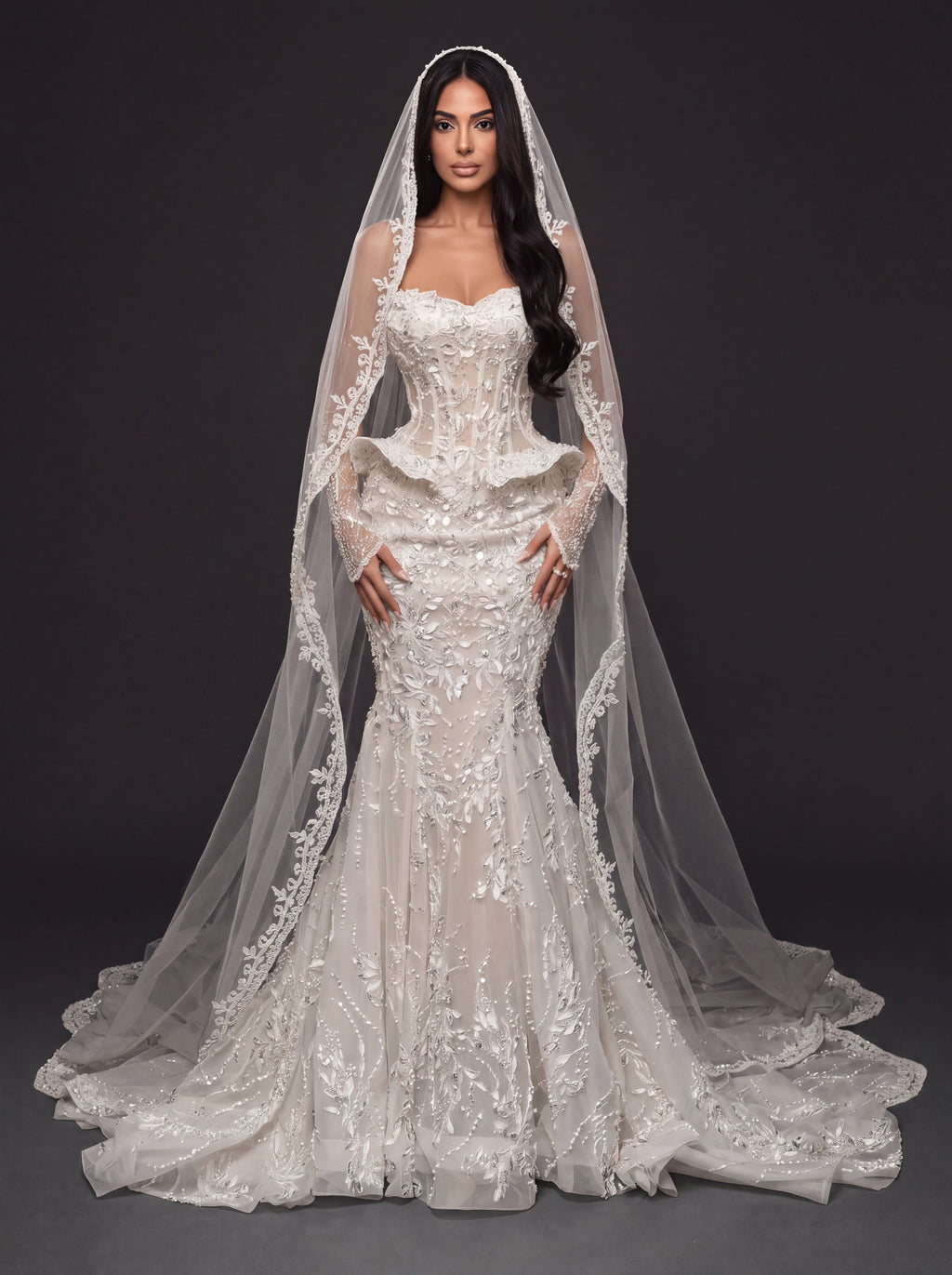 Sheer Corset Bridal Dress with Basque Peplum & Cathedral Veil – Ivory Pearl & Crystal Embellished Mermaid Wedding Gown