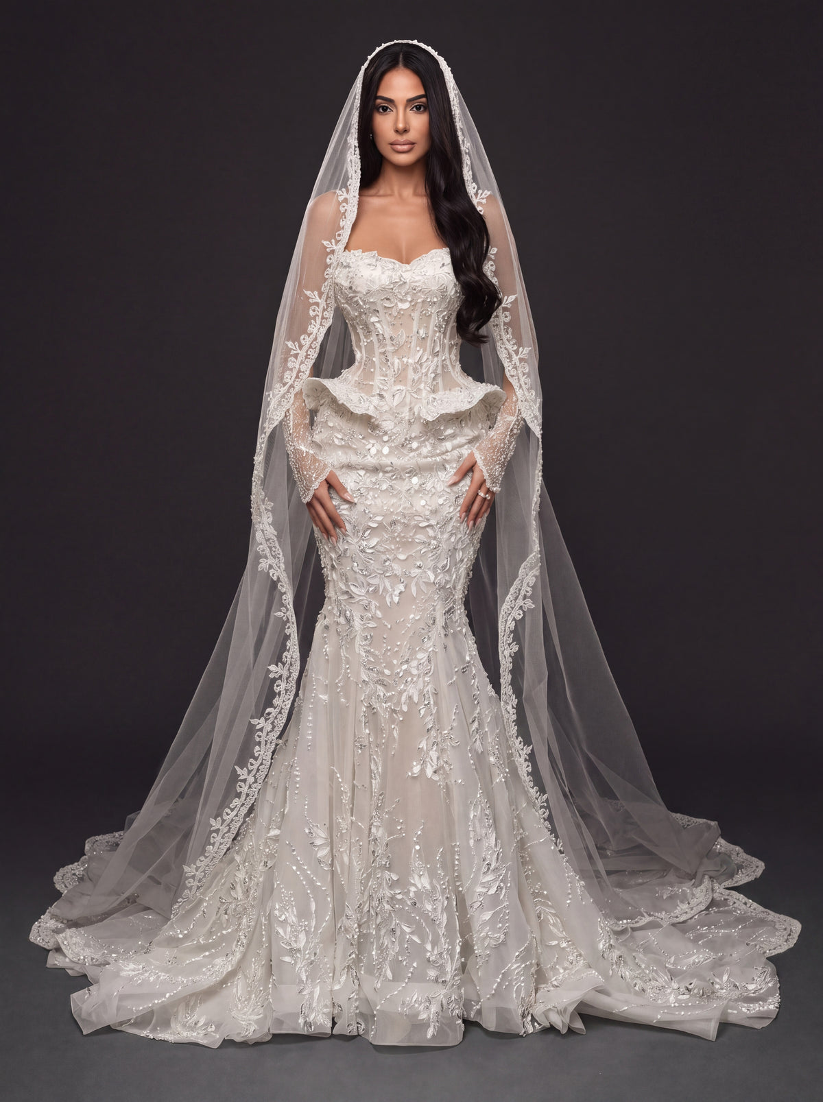 Sheer Corset Bridal Dress with Basque Peplum & Cathedral Veil – Ivory Pearl & Crystal Embellished Mermaid Wedding Gown