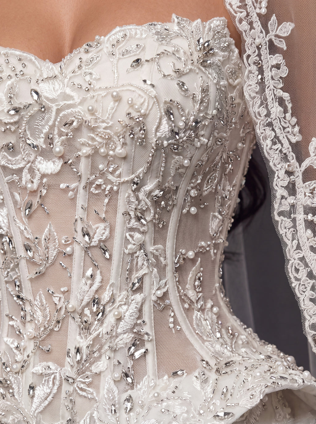 Sheer Corset Bridal Dress with Basque Peplum & Cathedral Veil – Ivory Pearl & Crystal Embellished Mermaid Wedding Gown