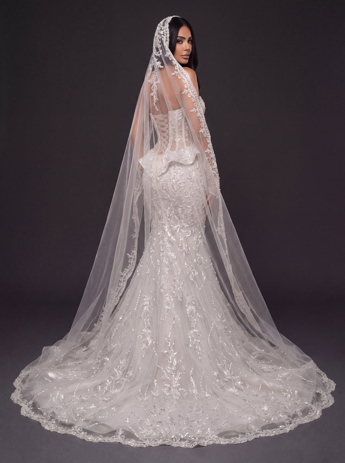 Sheer Corset Bridal Dress with Basque Peplum & Cathedral Veil – Ivory Pearl & Crystal Embellished Mermaid Wedding Gown