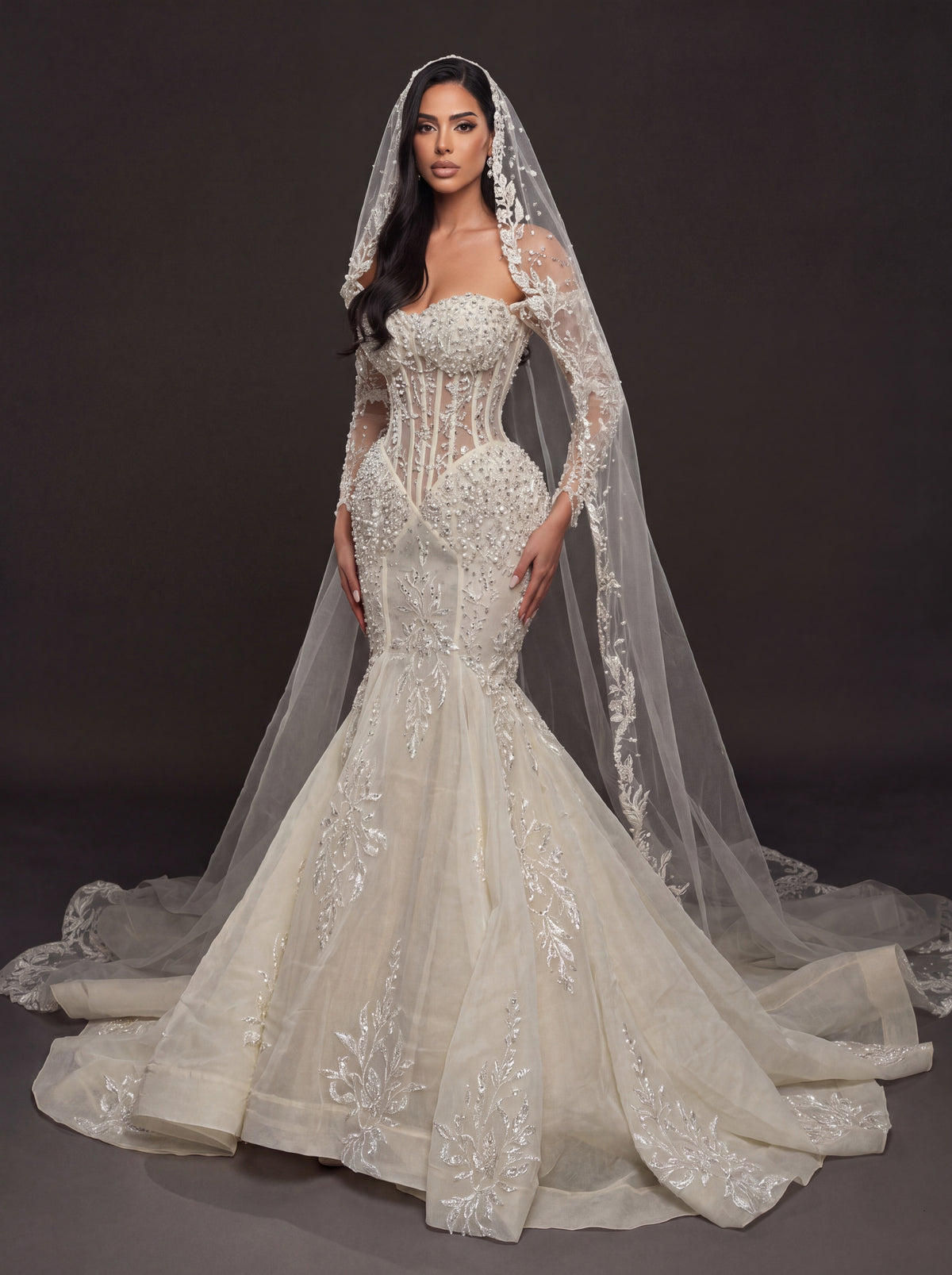 Sheer Corset Bridal Dress with Lace Cathedral Veil – Ivory Pearl & Crystal Embellished Mermaid Wedding Gown