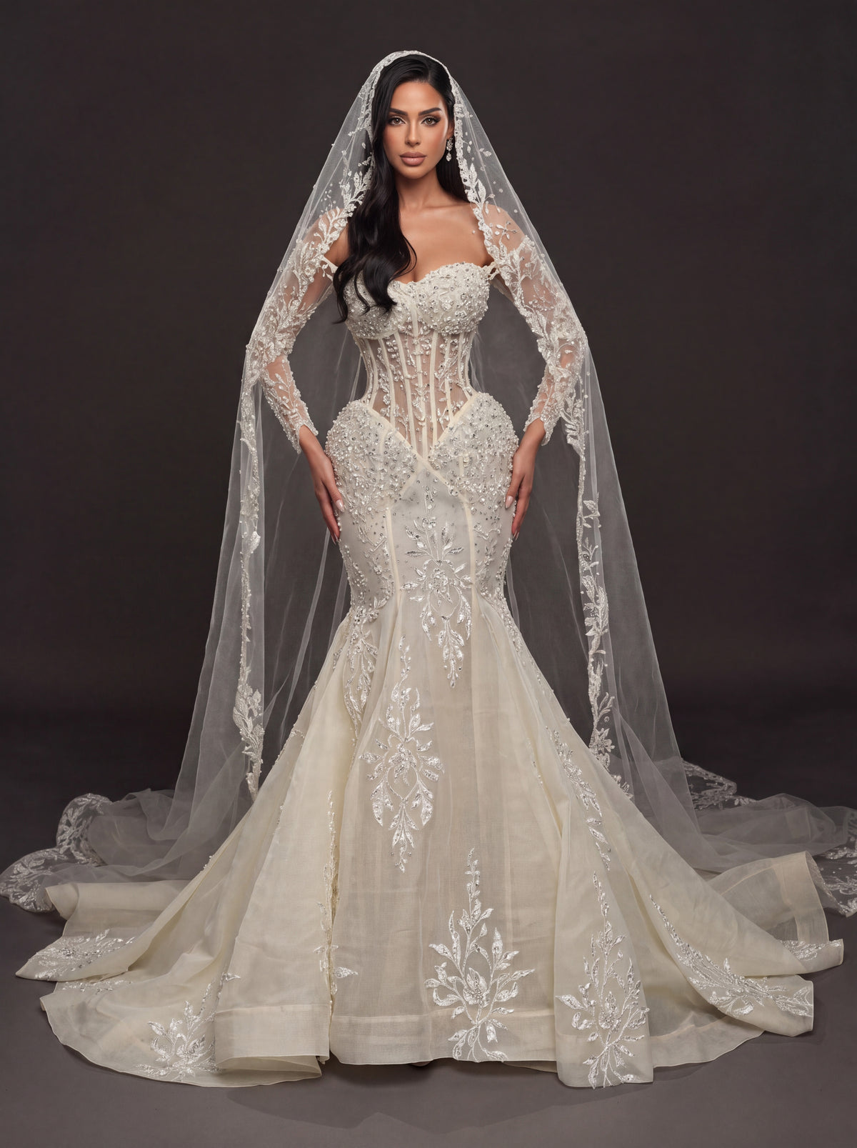 Sheer Corset Bridal Dress with Lace Cathedral Veil – Ivory Pearl & Crystal Embellished Mermaid Wedding Gown