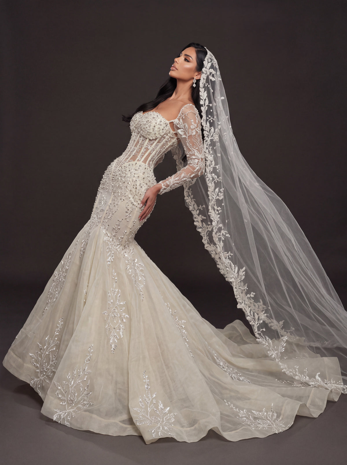 Sheer Corset Bridal Dress with Lace Cathedral Veil – Ivory Pearl & Crystal Embellished Mermaid Wedding Gown