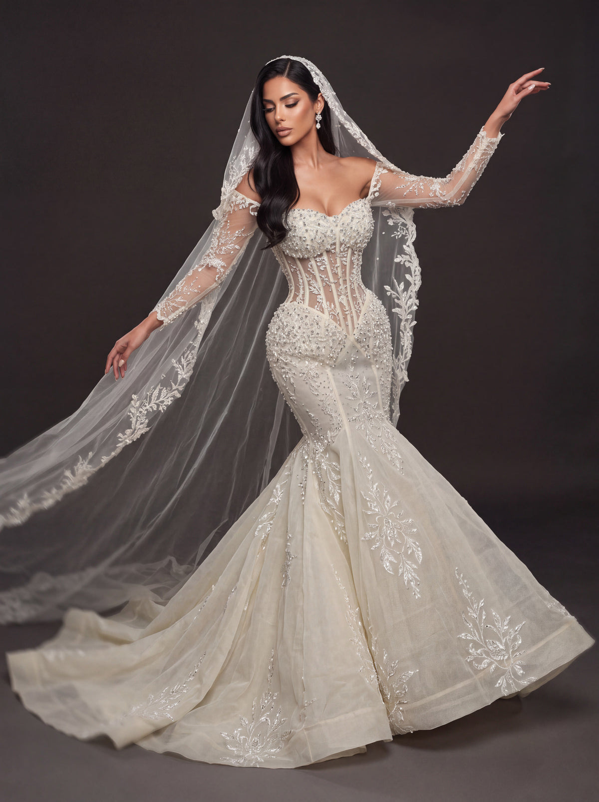 Sheer Corset Bridal Dress with Lace Cathedral Veil – Ivory Pearl & Crystal Embellished Mermaid Wedding Gown