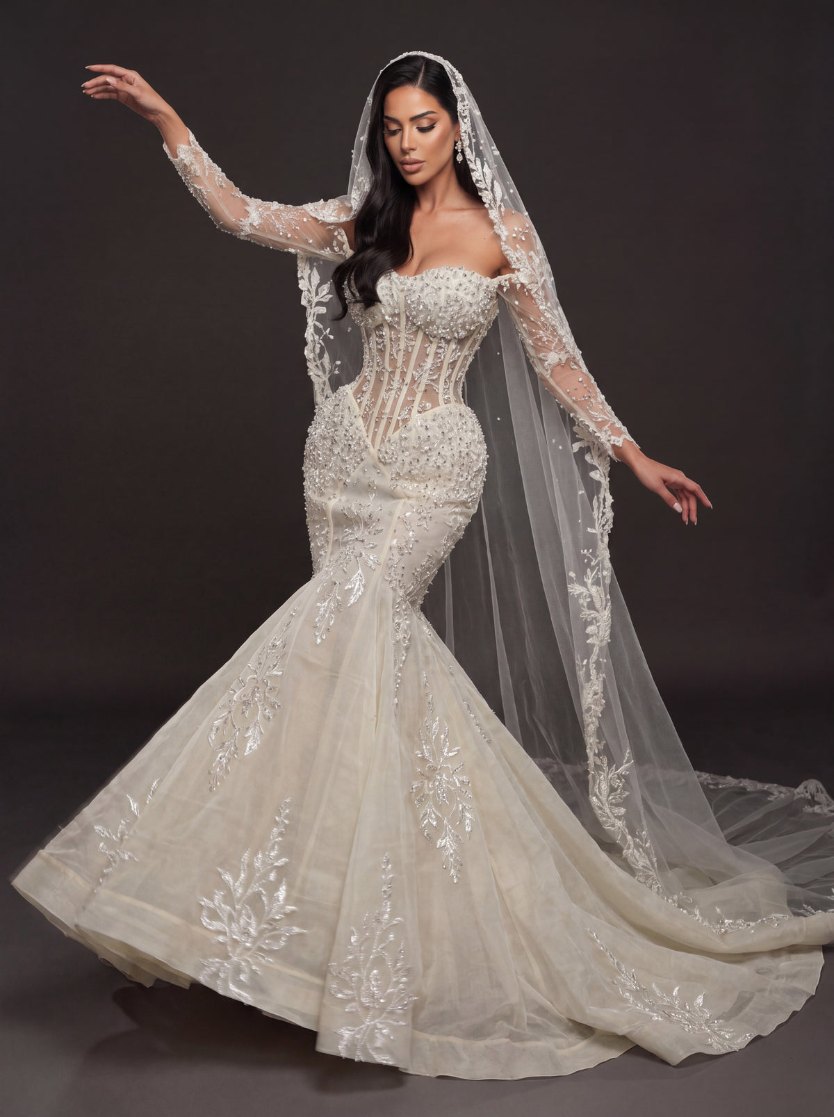 Sheer Corset Bridal Dress with Lace Cathedral Veil – Ivory Pearl & Crystal Embellished Mermaid Wedding Gown