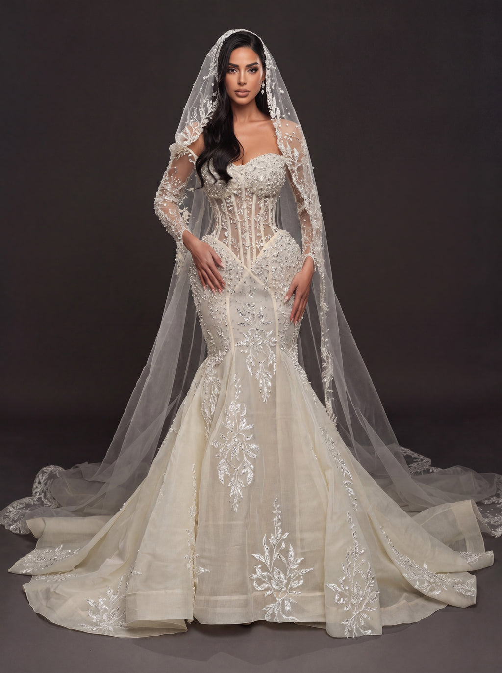 Sheer Corset Bridal Dress with Lace Cathedral Veil – Ivory Pearl & Crystal Embellished Mermaid Wedding Gown