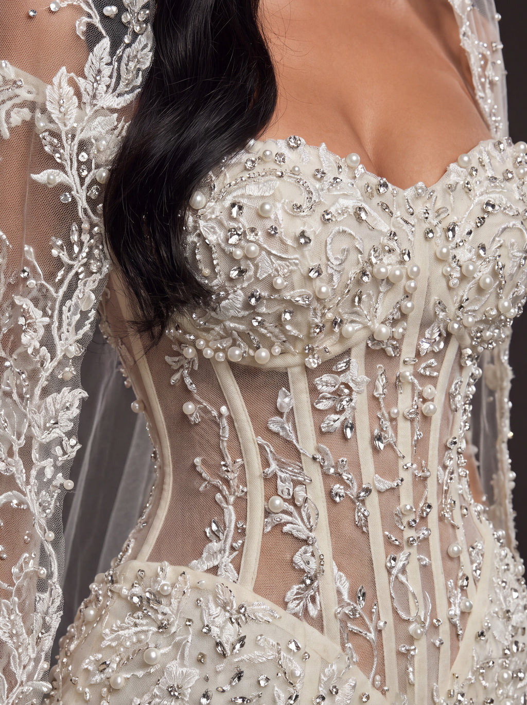 Sheer Corset Bridal Dress with Lace Cathedral Veil – Ivory Pearl & Crystal Embellished Mermaid Wedding Gown