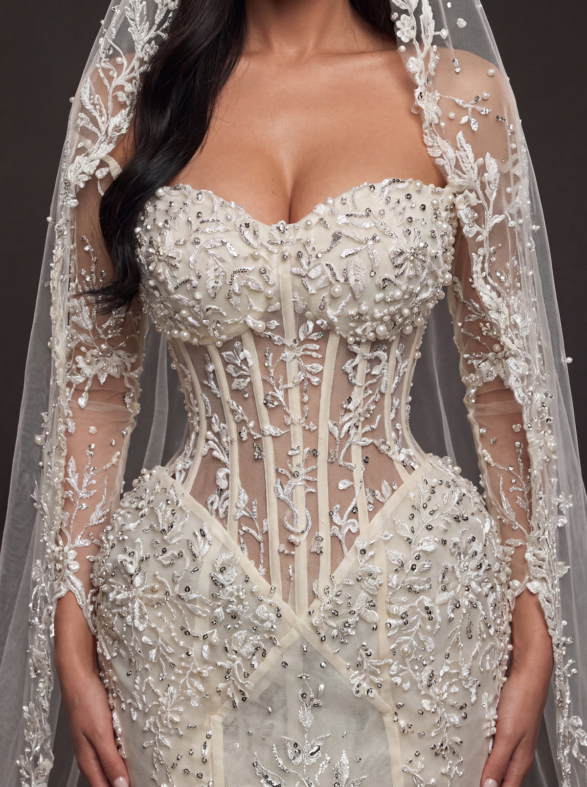 Sheer Corset Bridal Dress with Lace Cathedral Veil – Ivory Pearl & Crystal Embellished Mermaid Wedding Gown