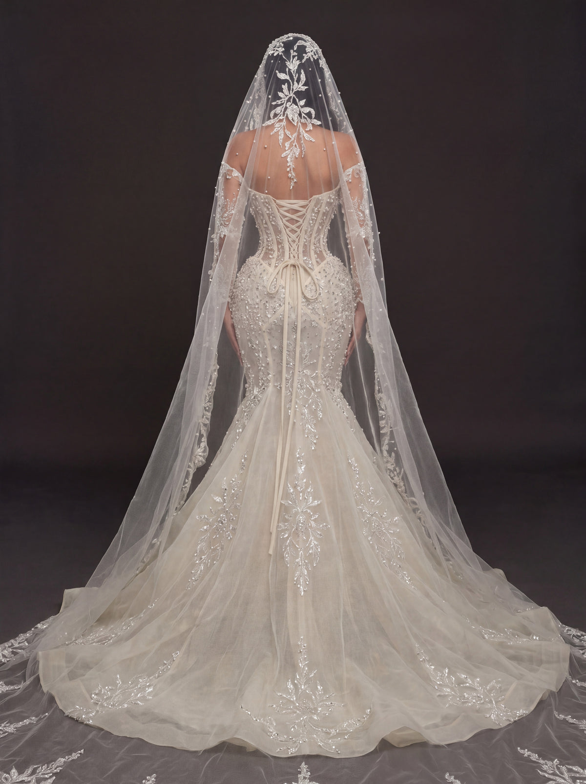 Sheer Corset Bridal Dress with Lace Cathedral Veil – Ivory Pearl & Crystal Embellished Mermaid Wedding Gown