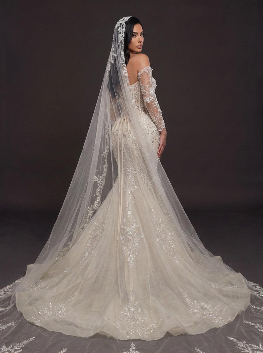 Sheer Corset Bridal Dress with Lace Cathedral Veil – Ivory Pearl & Crystal Embellished Mermaid Wedding Gown