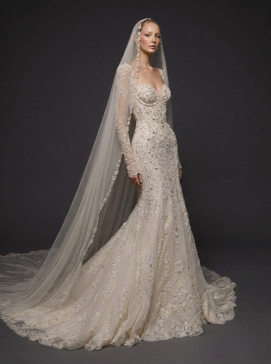 Long Sleeve Lace Corset Bridal Dress with Cathedral Veil – Ivory Crystal Embellished Mermaid Wedding Gown