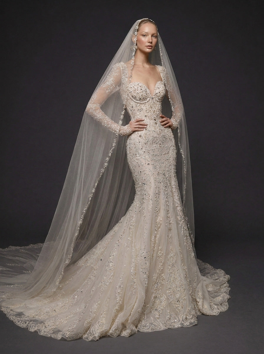 Long Sleeve Lace Corset Bridal Dress with Cathedral Veil – Ivory Crystal Embellished Mermaid Wedding Gown