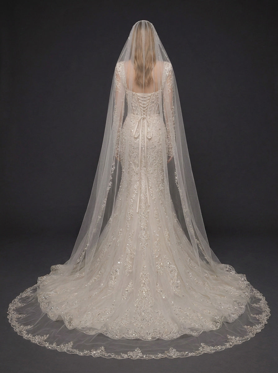 Long Sleeve Lace Corset Bridal Dress with Cathedral Veil – Ivory Crystal Embellished Mermaid Wedding Gown