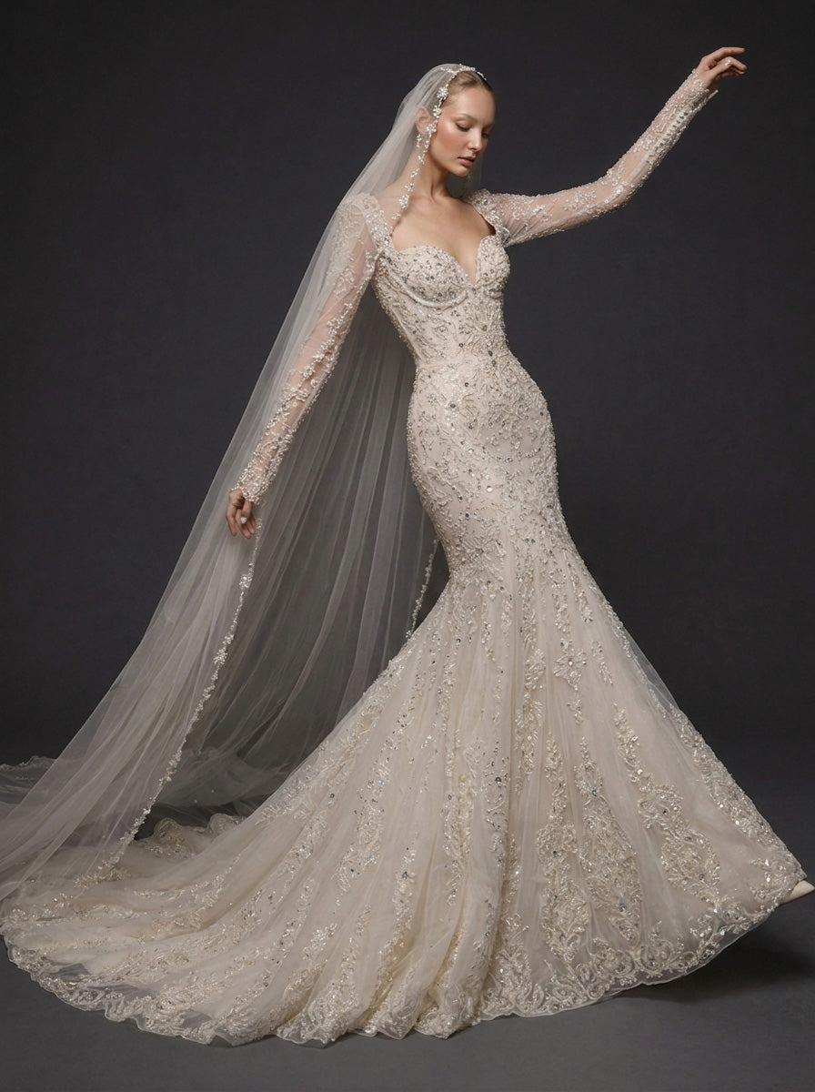 Long Sleeve Lace Corset Bridal Dress with Cathedral Veil – Ivory Crystal Embellished Mermaid Wedding Gown