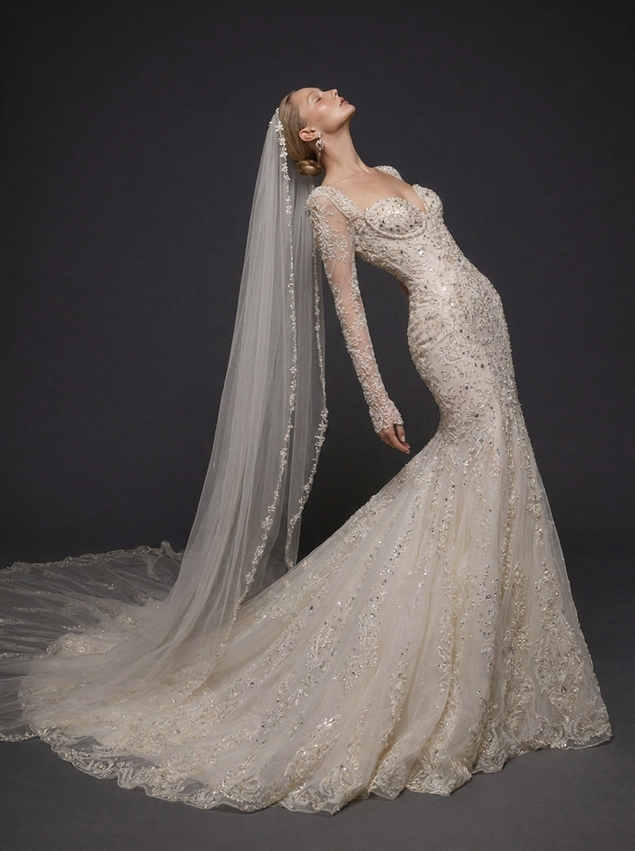 Long Sleeve Lace Corset Bridal Dress with Cathedral Veil – Ivory Crystal Embellished Mermaid Wedding Gown