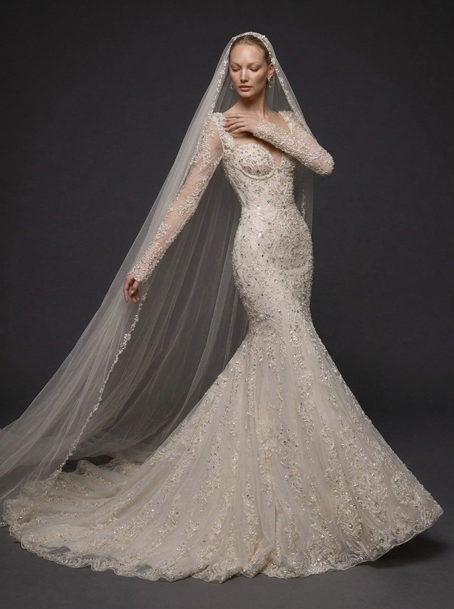 Long Sleeve Lace Corset Bridal Dress with Cathedral Veil – Ivory Crystal Embellished Mermaid Wedding Gown