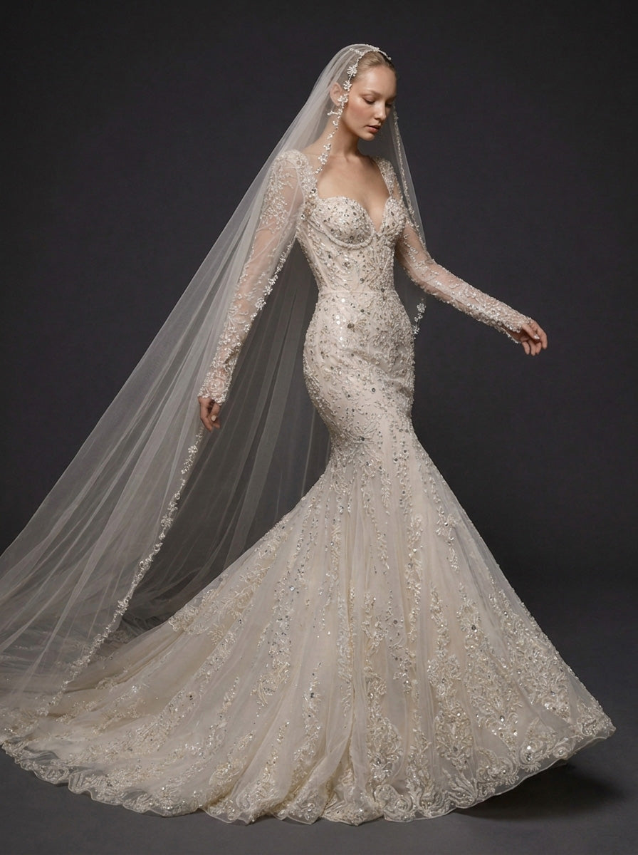 Long Sleeve Lace Corset Bridal Dress with Cathedral Veil – Ivory Crystal Embellished Mermaid Wedding Gown