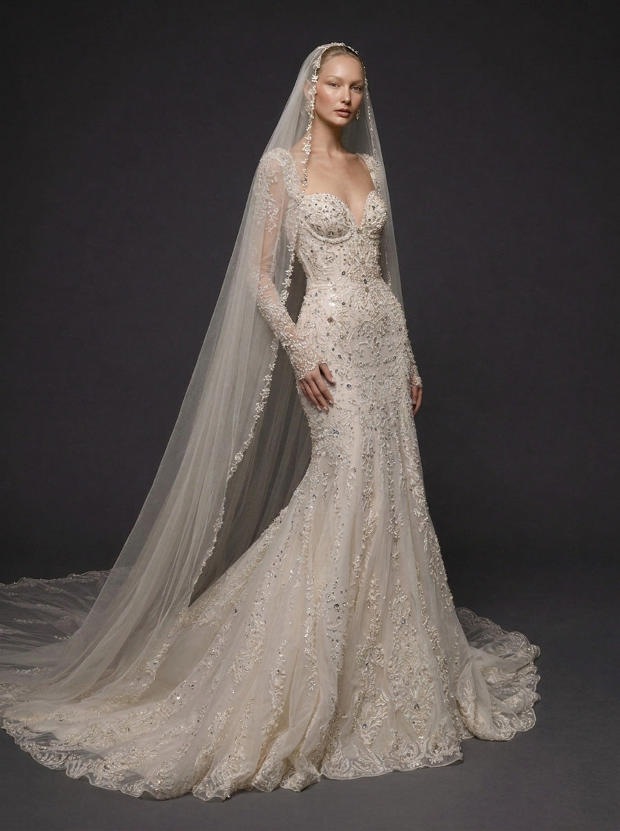 Long Sleeve Lace Corset Bridal Dress with Cathedral Veil – Ivory Crystal Embellished Mermaid Wedding Gown