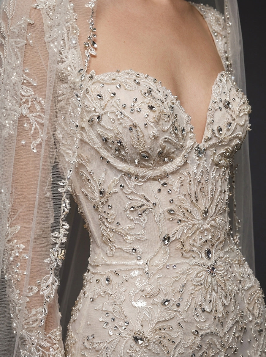 Long Sleeve Lace Corset Bridal Dress with Cathedral Veil – Ivory Crystal Embellished Mermaid Wedding Gown