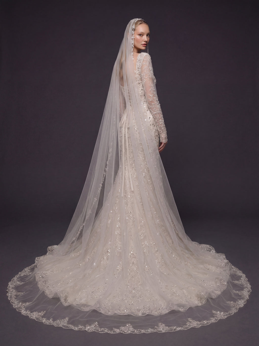 Long Sleeve Lace Corset Bridal Dress with Cathedral Veil – Ivory Crystal Embellished Mermaid Wedding Gown