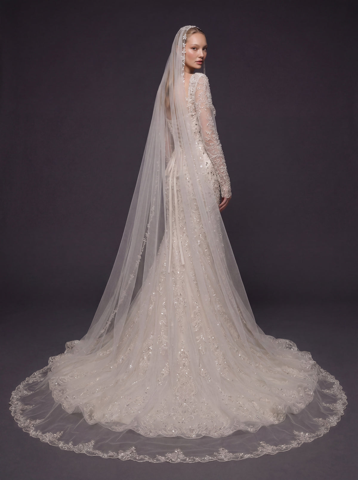Long Sleeve Lace Corset Bridal Dress with Cathedral Veil – Ivory Crystal Embellished Mermaid Wedding Gown