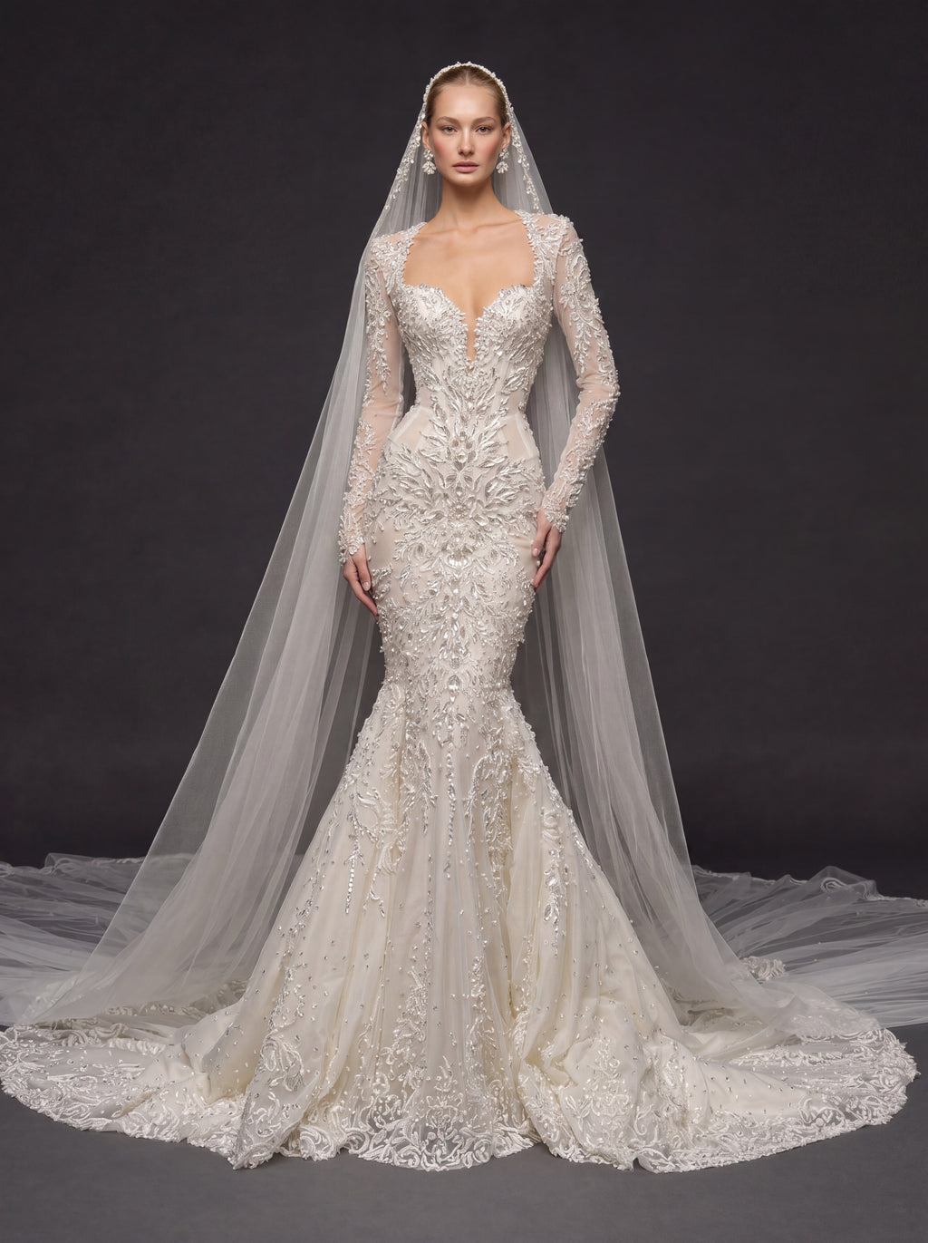 Long Sleeve Illusion Corset Bridal Dress with Cathedral Veil – Ivory Crystal Embellished Mermaid Wedding Gown