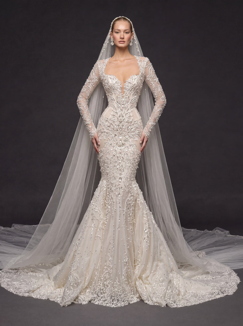Long Sleeve Illusion Corset Bridal Dress with Cathedral Veil – Ivory Crystal Embellished Mermaid Wedding Gown