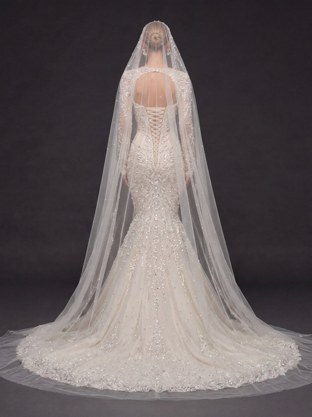 Long Sleeve Illusion Corset Bridal Dress with Cathedral Veil – Ivory Crystal Embellished Mermaid Wedding Gown