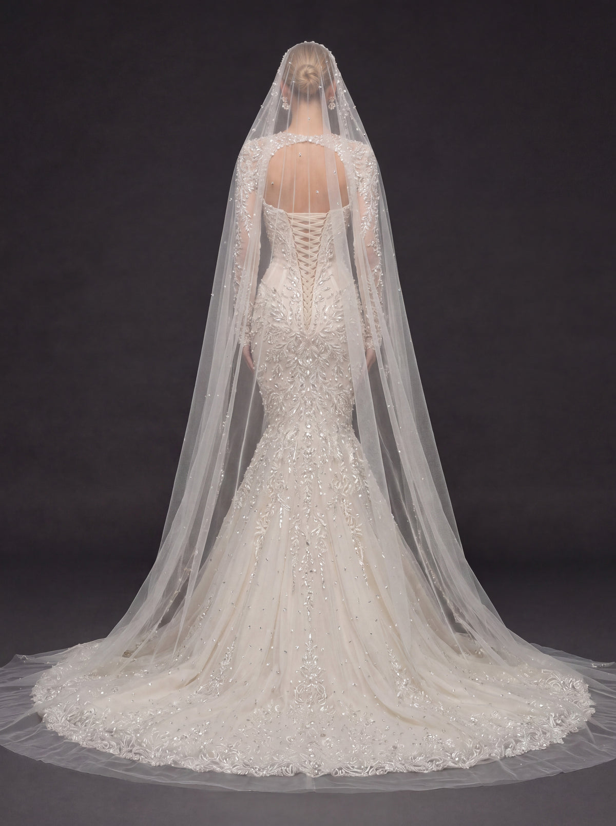 Long Sleeve Illusion Corset Bridal Dress with Cathedral Veil – Ivory Crystal Embellished Mermaid Wedding Gown