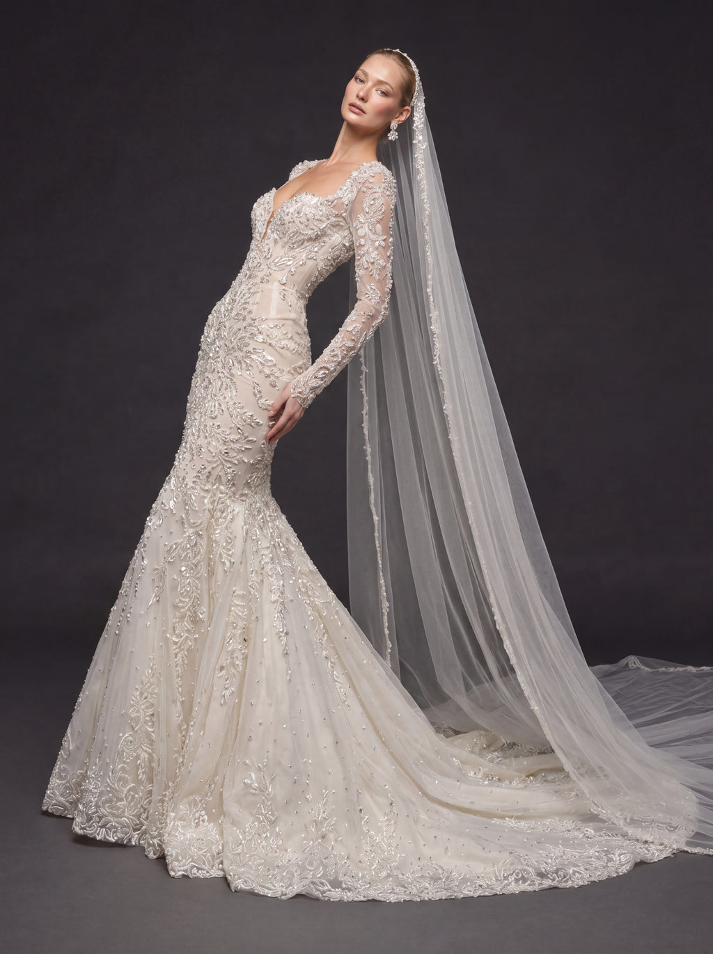 Long Sleeve Illusion Corset Bridal Dress with Cathedral Veil – Ivory Crystal Embellished Mermaid Wedding Gown