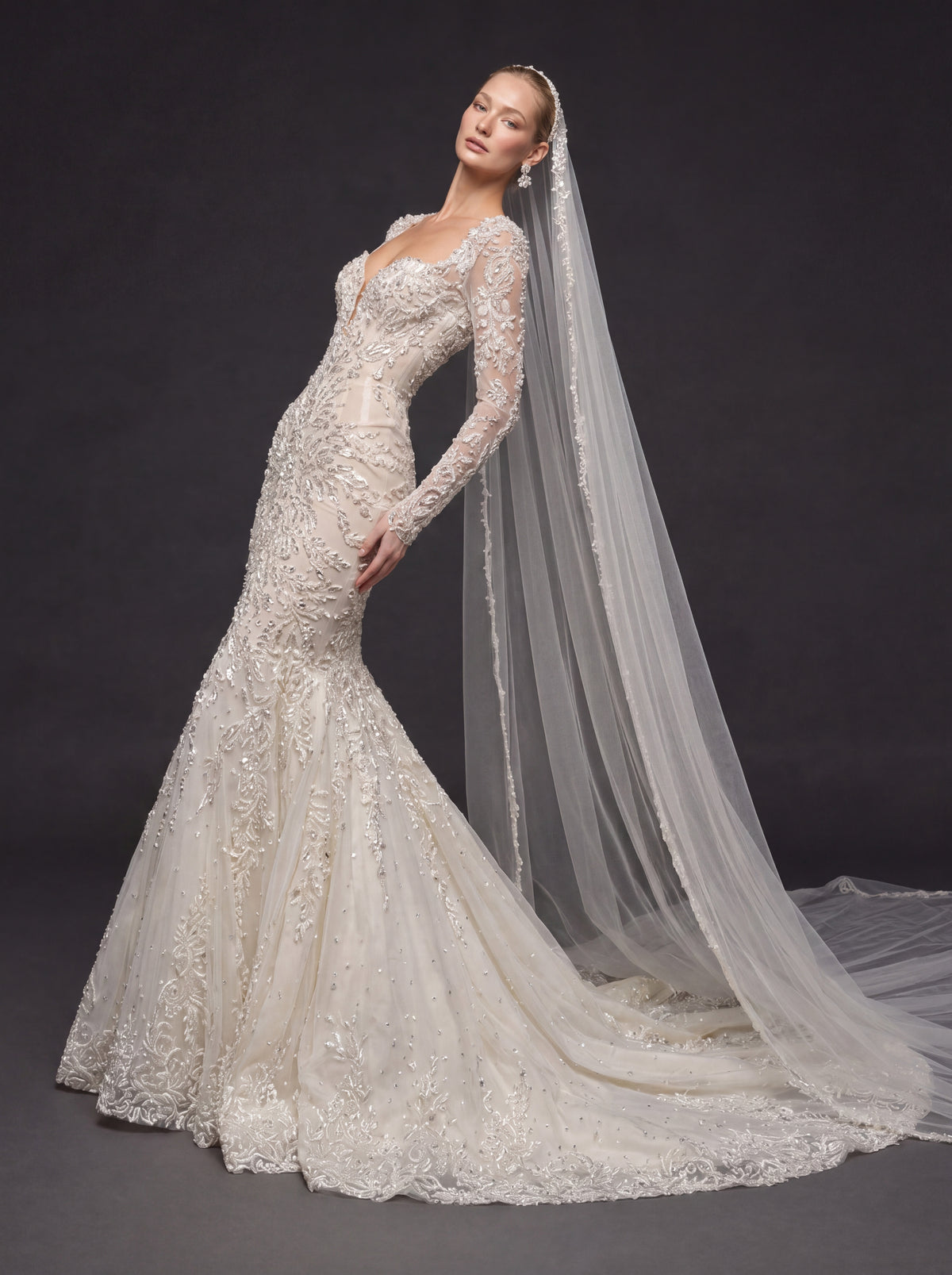 Long Sleeve Illusion Corset Bridal Dress with Cathedral Veil – Ivory Crystal Embellished Mermaid Wedding Gown