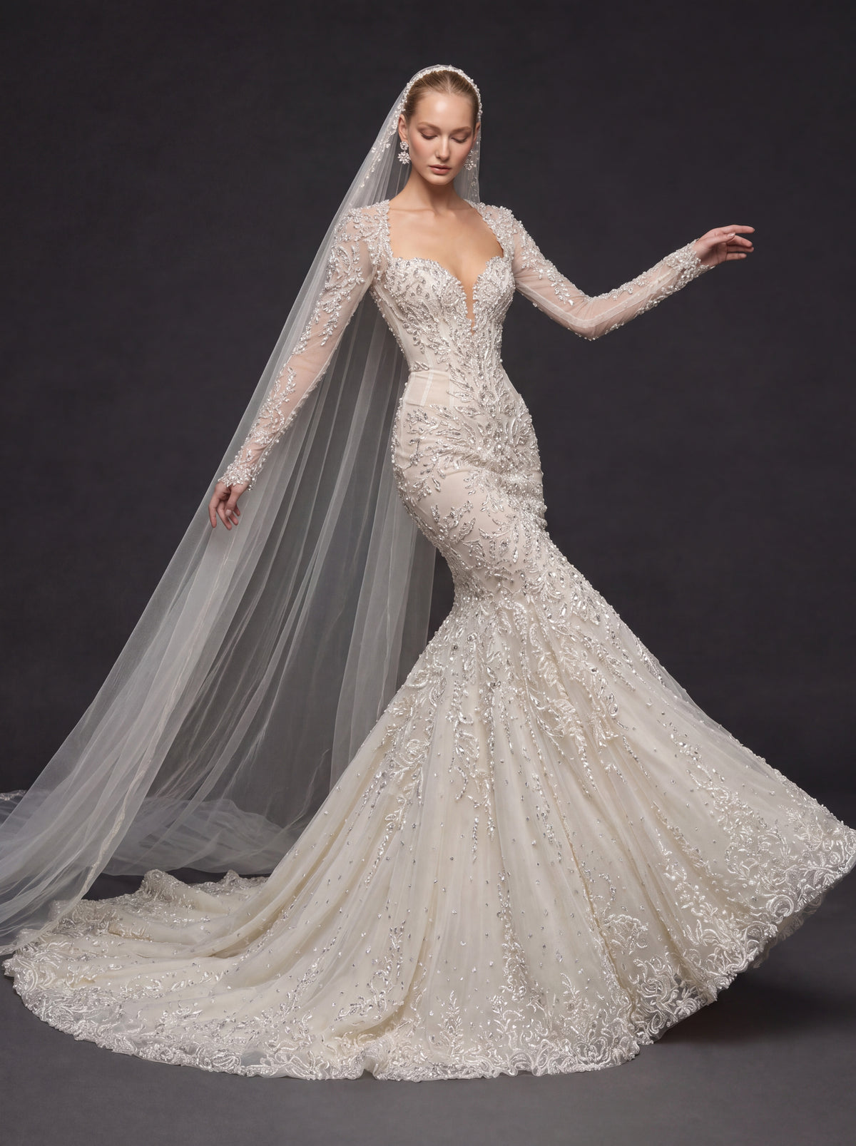 Long Sleeve Illusion Corset Bridal Dress with Cathedral Veil – Ivory Crystal Embellished Mermaid Wedding Gown