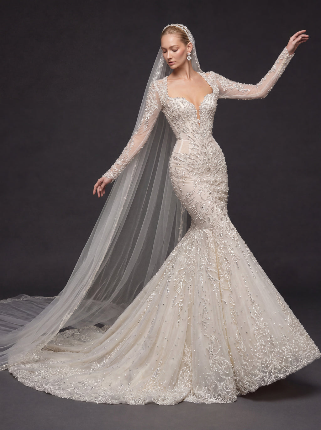 Long Sleeve Illusion Corset Bridal Dress with Cathedral Veil – Ivory Crystal Embellished Mermaid Wedding Gown