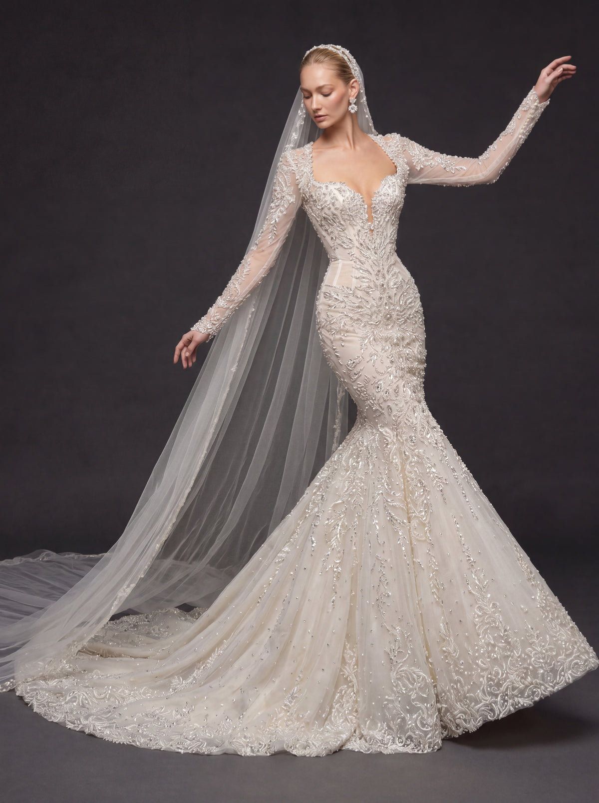 Long Sleeve Illusion Corset Bridal Dress with Cathedral Veil – Ivory Crystal Embellished Mermaid Wedding Gown