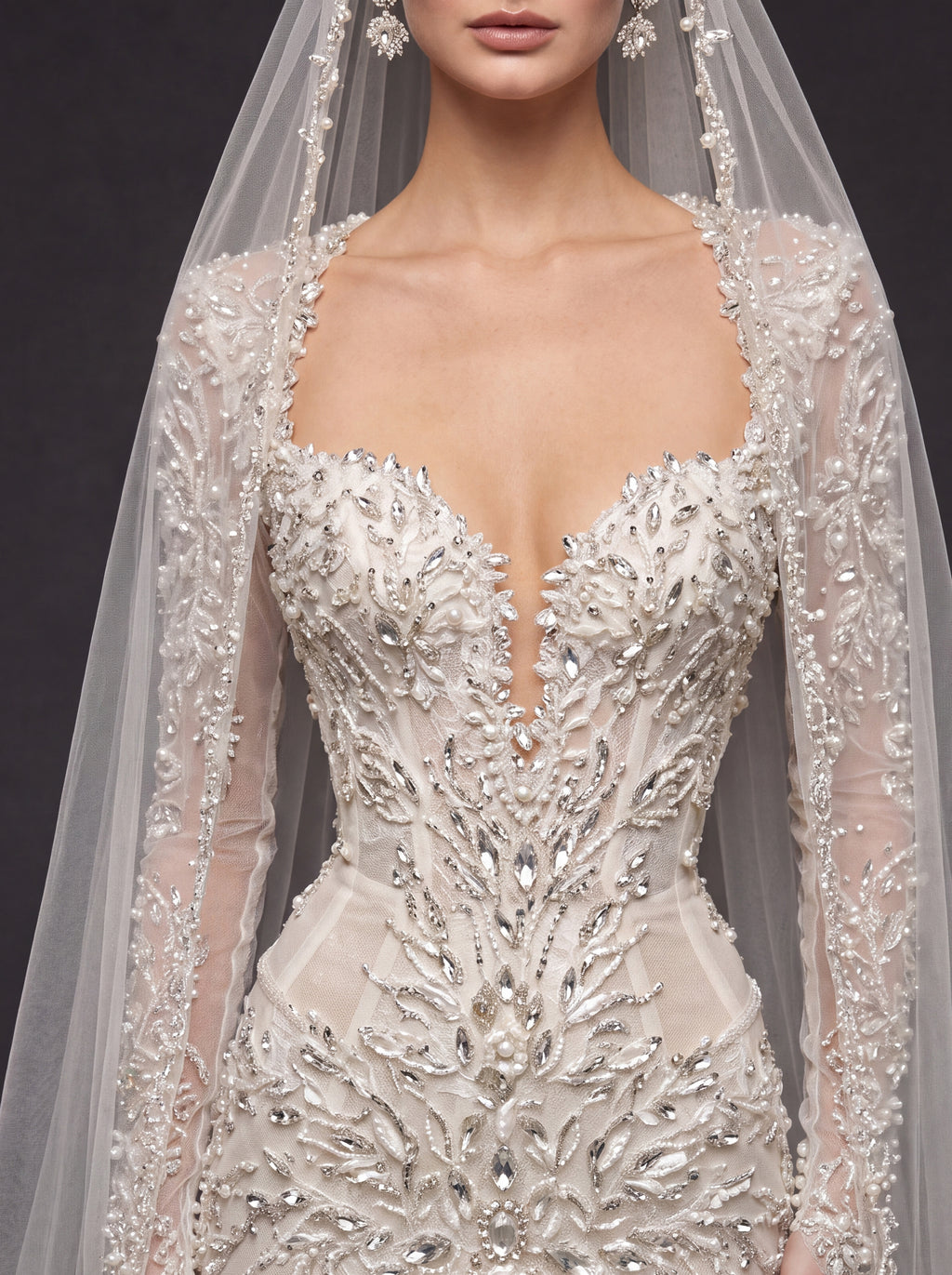 Long Sleeve Illusion Corset Bridal Dress with Cathedral Veil – Ivory Crystal Embellished Mermaid Wedding Gown